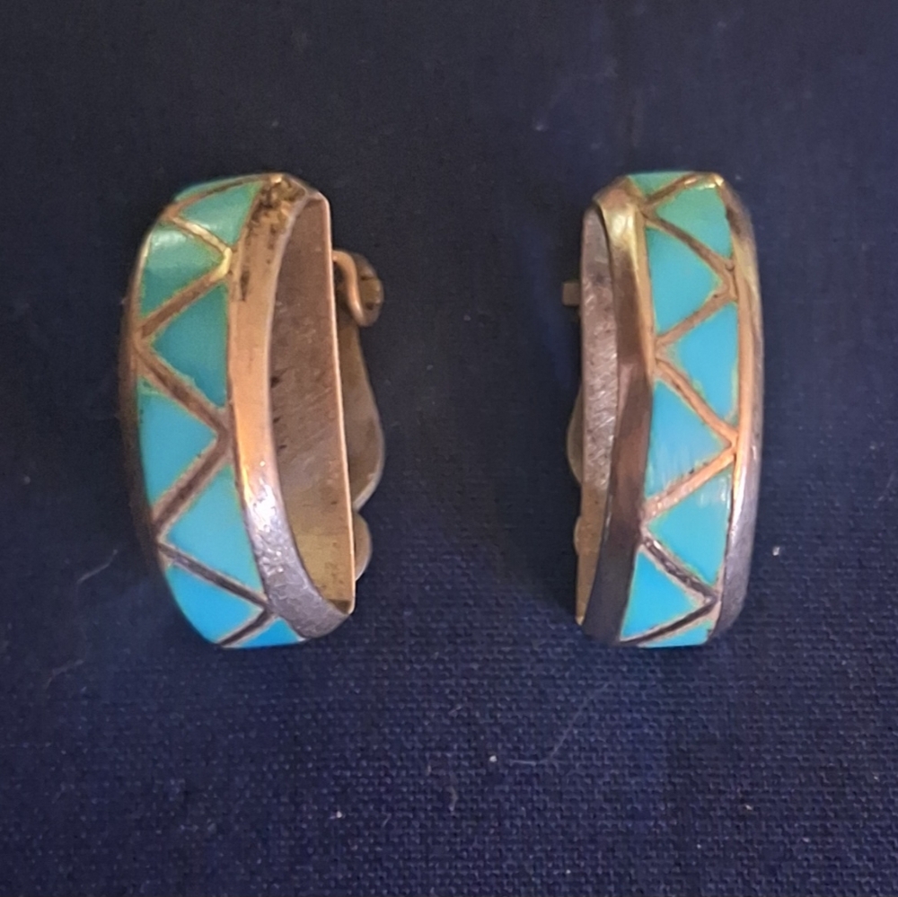 Turquoise Channel Inlay Clip On Earrings Southwest Native Silver Handmade Hoops